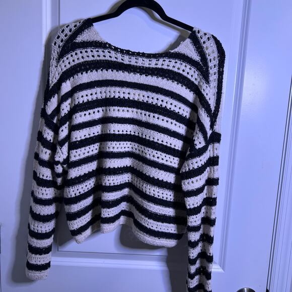 Francesca's Black Cream Striped Open Knit Sweater Women's Large Coastal - Picture 2 of 4